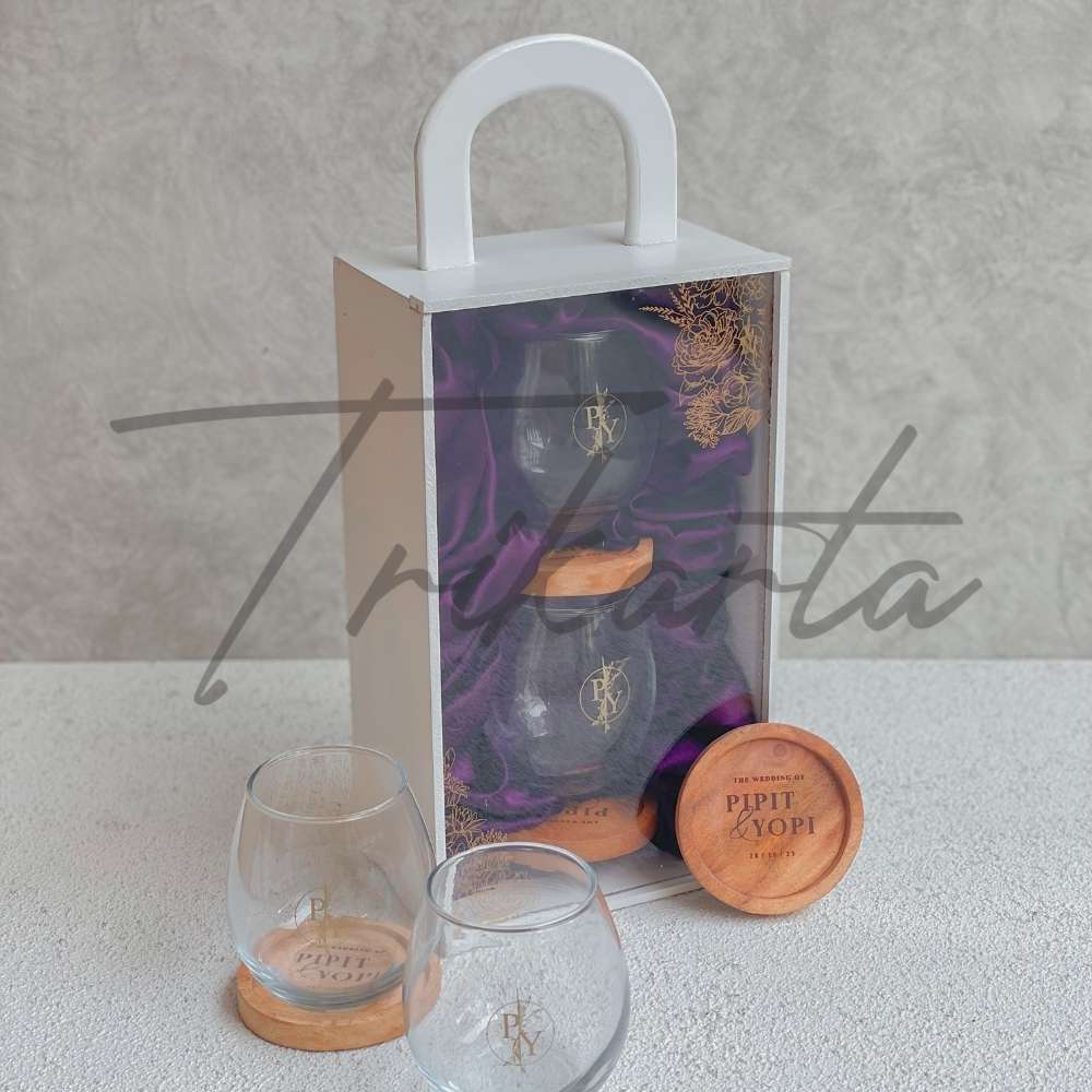 gelas kaca cembung coaster 2 set packing badan kayu tutup akrilik 26044846987