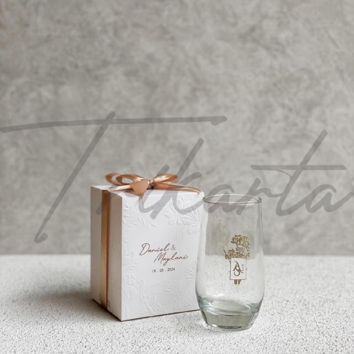 Gelas Kaca Aurora Cetak 1 Warna Packing Paperbox Mug Embos Putih