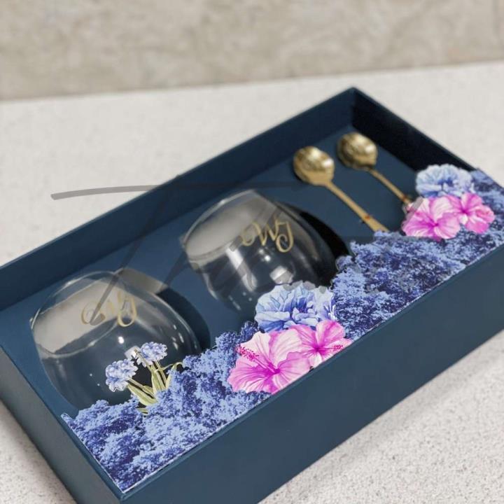 Gelas Kaca Cembung - Sendok Rose - 2 Coaster Set Packing Hardbox