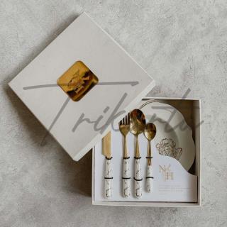 Piring Keramik Bunga Gold - Sendok Garpu Set